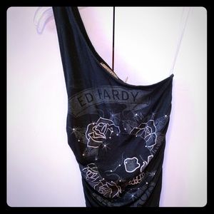 Ed Hardy skull rose embellished one shoulder dress